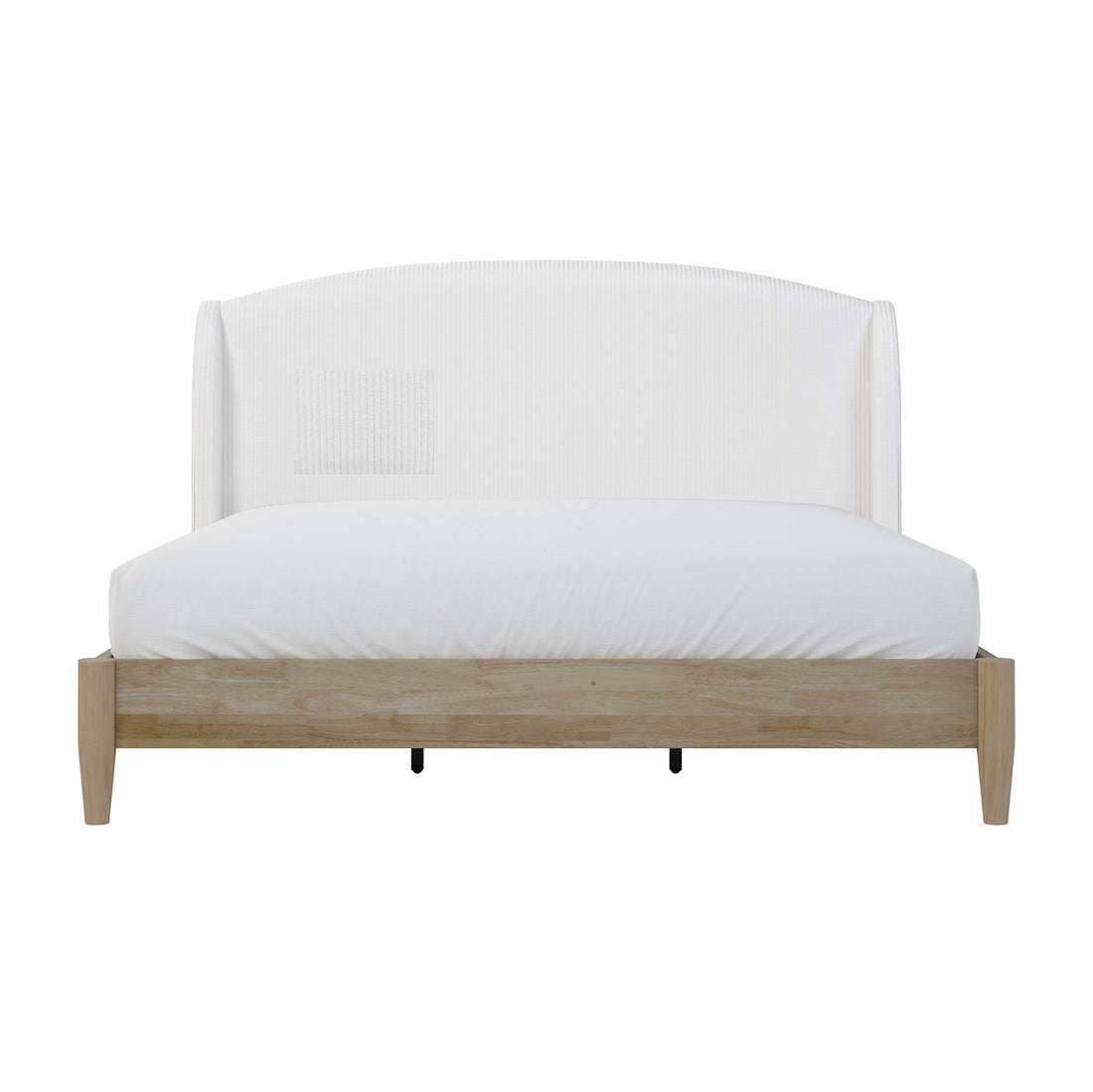 Aetiusa Winged Fabric Hardwood Bed Frame - Snow White King, showcasing a plush, winged headboard with corduroy upholstery, solid wood frame, and elegant integrated slat system for modern bedroom appeal.