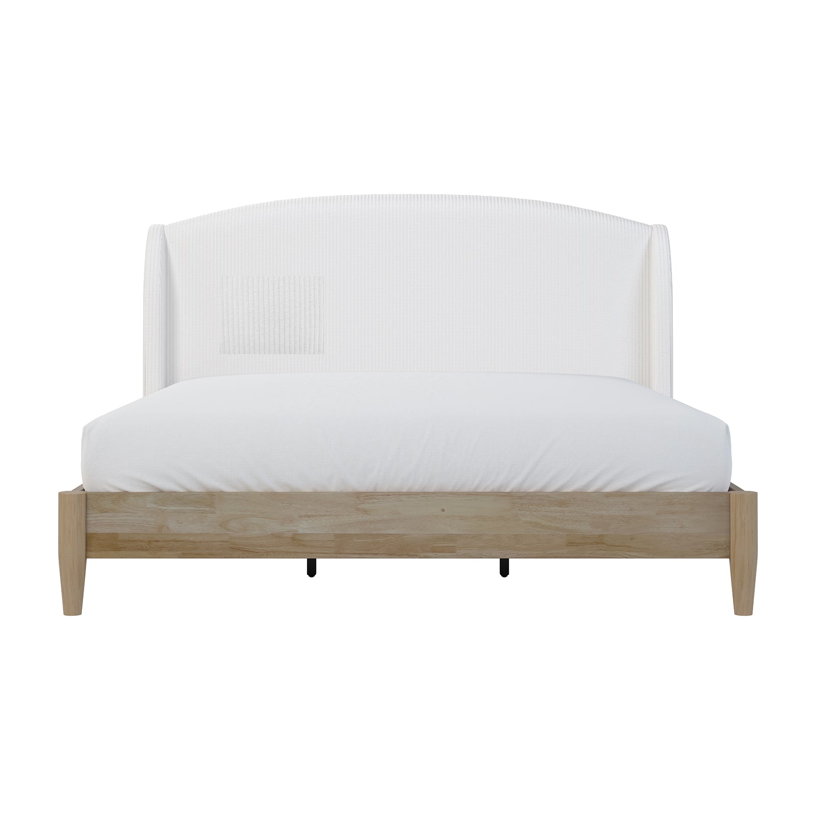 Aetiusa Winged Fabric Hardwood Bed Frame - Snow White King, showcasing a plush, winged headboard with corduroy upholstery, solid wood frame, and elegant integrated slat system for modern bedroom appeal.