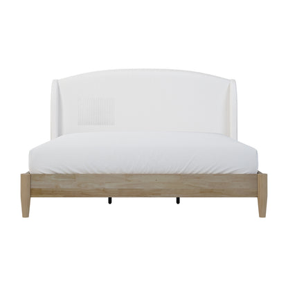 Aetiusa Winged Fabric Hardwood Bed Frame - Snow White King, showcasing a plush, winged headboard with corduroy upholstery, solid wood frame, and elegant integrated slat system for modern bedroom appeal.