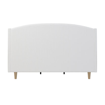 Aetiusa Winged Fabric Hardwood Bed Frame - Snow White King features a winged, padded headboard with wooden legs, showcasing a modern design ideal for stylish bedrooms.
