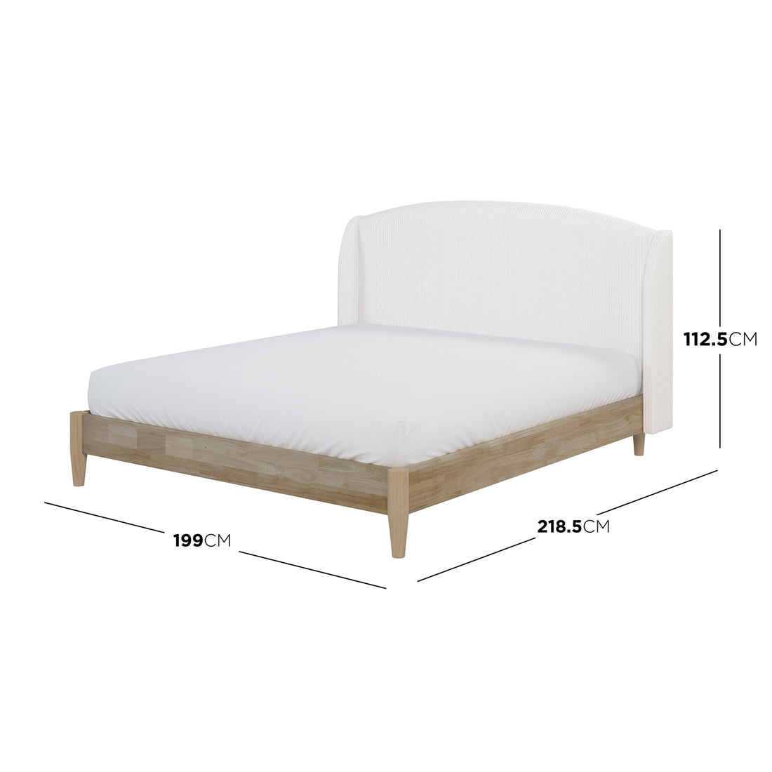 Aetiusa Winged Fabric Hardwood Bed Frame - Snow White, showcasing a sleek winged headboard with soft corduroy upholstery on a solid wood frame, highlighted by a sturdy construction and integrated slat system.