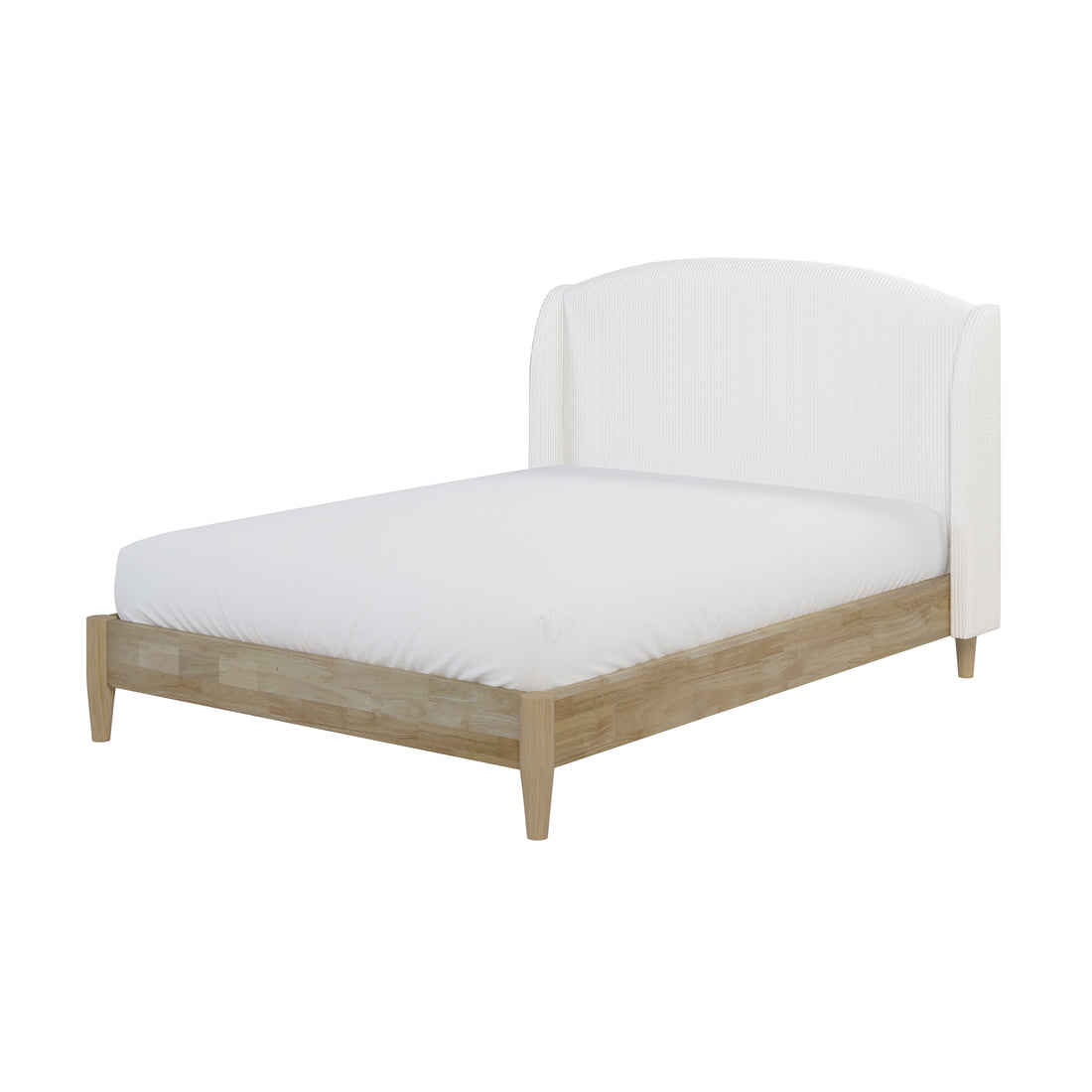 Aetiusa Winged Fabric Hardwood Bed Frame - Snow White Queen, showcasing a wooden bed frame with white sheets, a soft padded headboard, and sturdy wooden legs, exuding modern elegance and comfort.