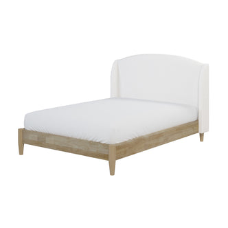 Aetiusa Winged Fabric Hardwood Bed Frame - Snow White Queen, showcasing a wooden bed frame with white sheets, a soft padded headboard, and sturdy wooden legs, exuding modern elegance and comfort.