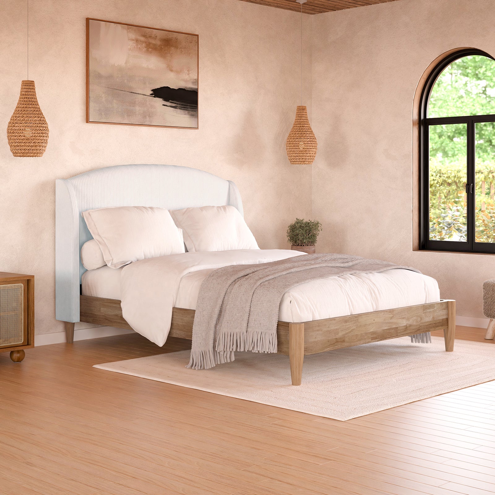 Aetiusa Winged Fabric Hardwood Bed Frame in Snow White, featuring a winged, padded headboard with soft corduroy upholstery, integrated slat system, and sturdy hardwood construction, ideal for modern bedrooms.