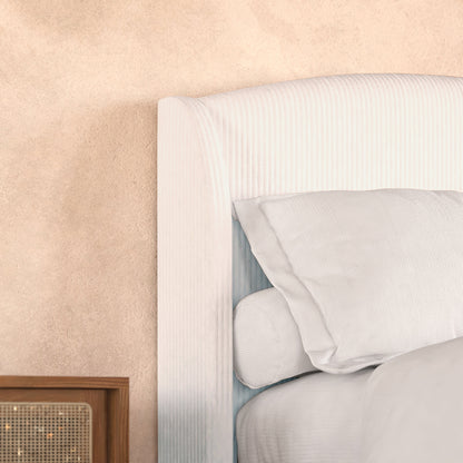 Aetiusa Winged Fabric Hardwood Bed Frame - Snow White Queen featuring a plush, curved headboard with corduroy upholstery and sturdy hardwood construction, showcased in a stylish modern bedroom setting.