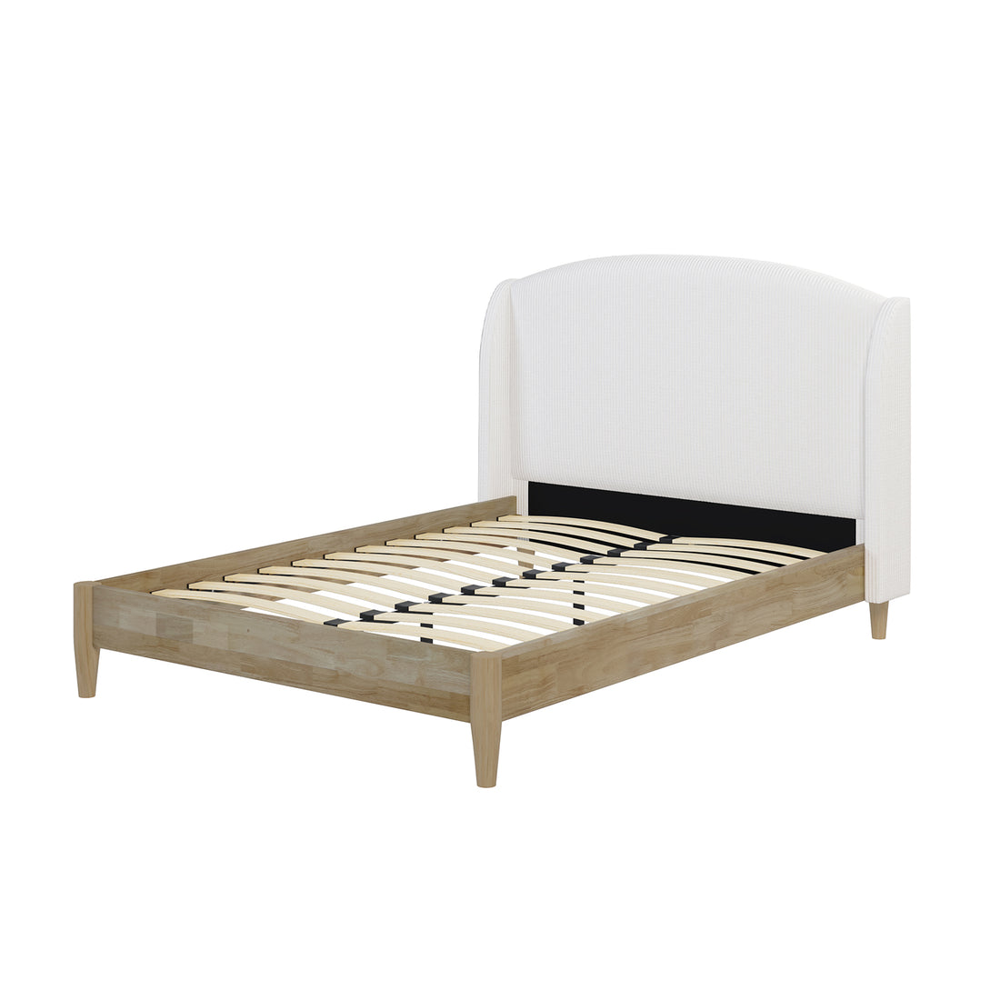 Aetiusa Winged Fabric Hardwood Bed Frame - Snow White Queen features a white headboard, wooden legs, and a white frame with wooden slats, showcasing a modern and sophisticated design.