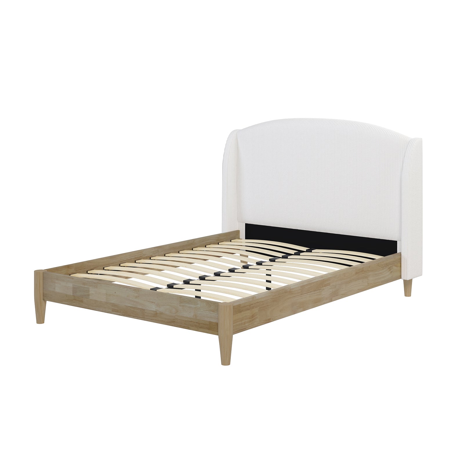 Aetiusa Winged Fabric Hardwood Bed Frame - Snow White Queen features a white headboard, wooden legs, and a white frame with wooden slats, showcasing a modern and sophisticated design.