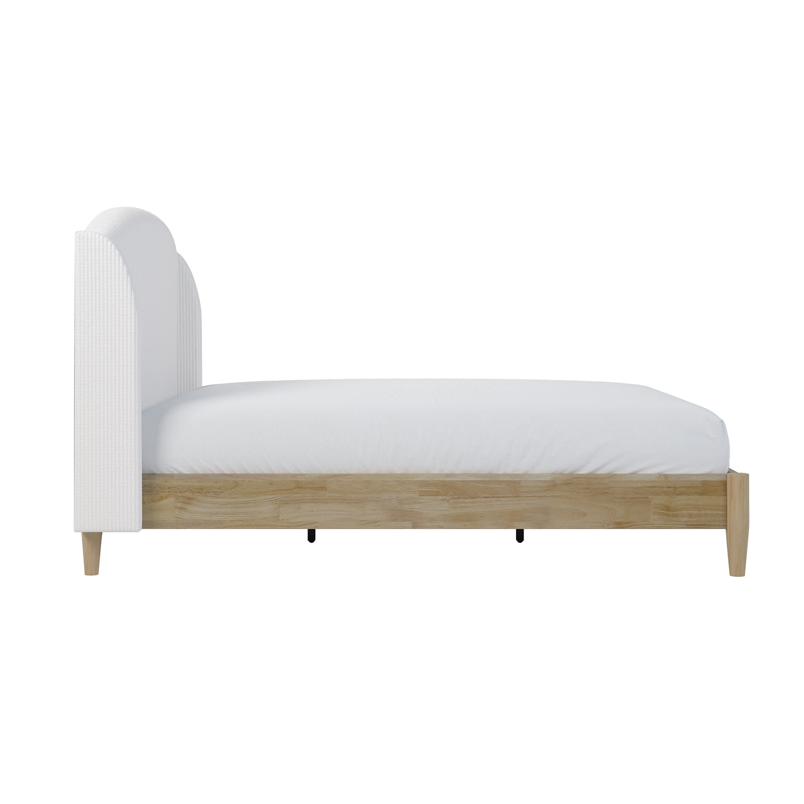 Aetiusa Winged Fabric Hardwood Bed Frame - Snow White Queen features a sleek wooden frame with a winged, padded headboard. The bed's solid wood legs and integrated slat system ensure durability.