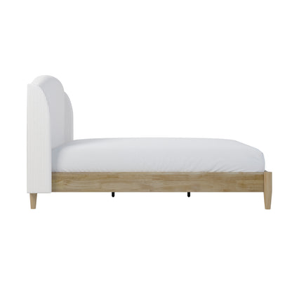 Aetiusa Winged Fabric Hardwood Bed Frame - Snow White Queen features a sleek wooden frame with a winged, padded headboard. The bed's solid wood legs and integrated slat system ensure durability.