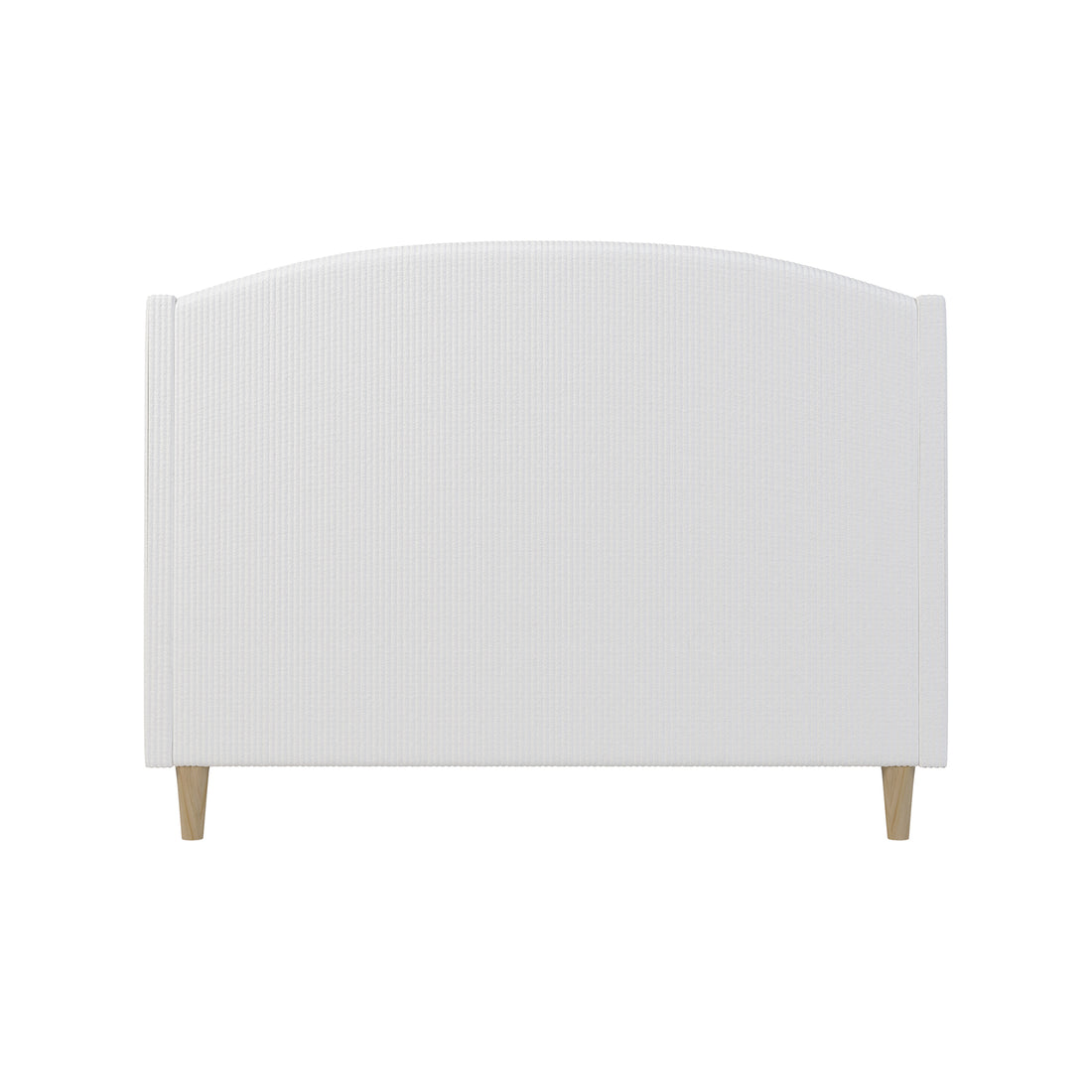 Aetiusa Winged Fabric Hardwood Bed Frame - Snow White features a curved, padded white headboard with wooden legs, showcasing a sleek design ideal for modern bedroom aesthetics.