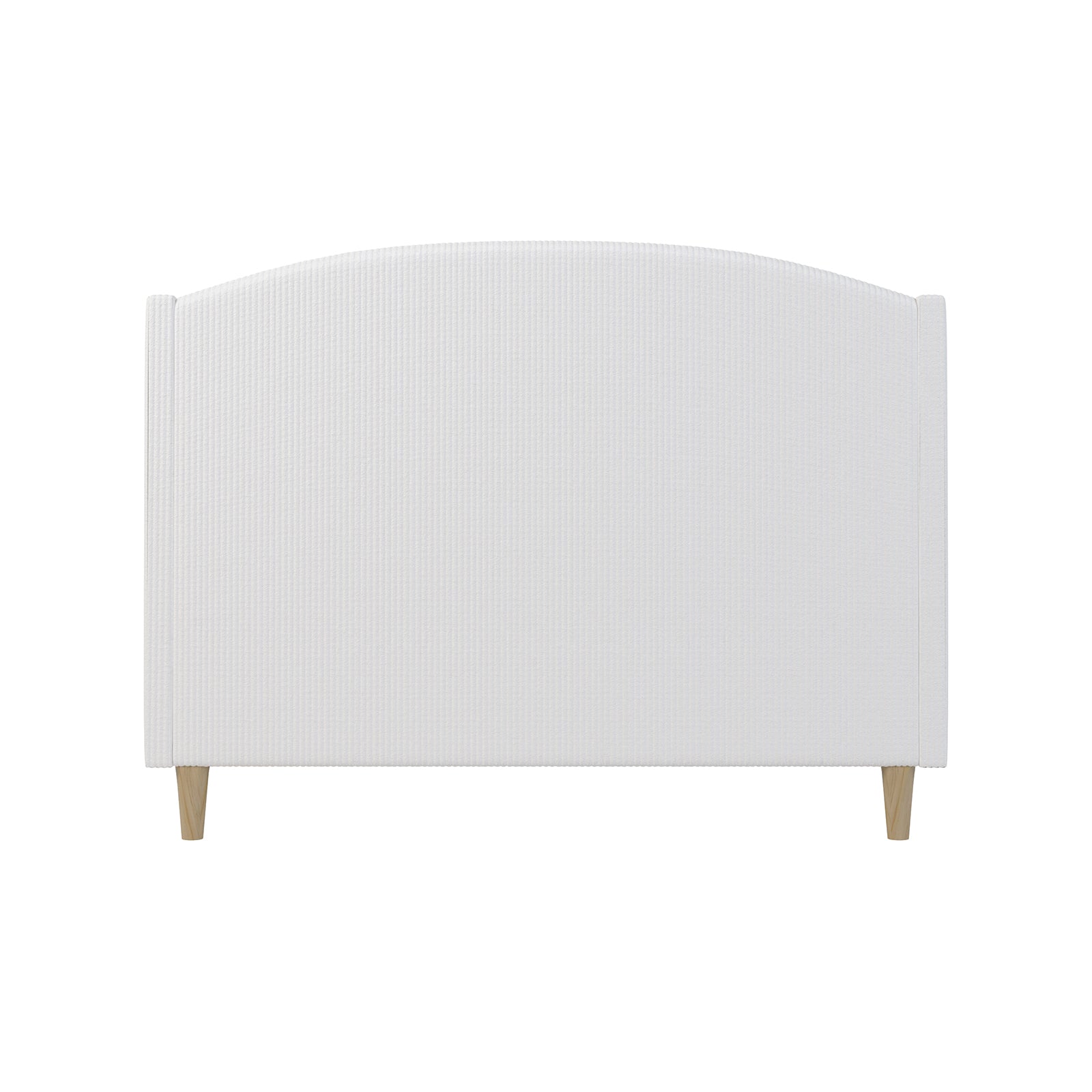 Aetiusa Winged Fabric Hardwood Bed Frame - Snow White features a curved, padded white headboard with wooden legs, showcasing a sleek design ideal for modern bedroom aesthetics.