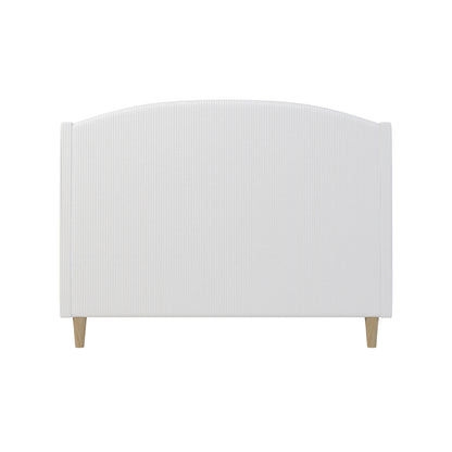 Aetiusa Winged Fabric Hardwood Bed Frame - Snow White features a curved, padded white headboard with wooden legs, showcasing a sleek design ideal for modern bedroom aesthetics.
