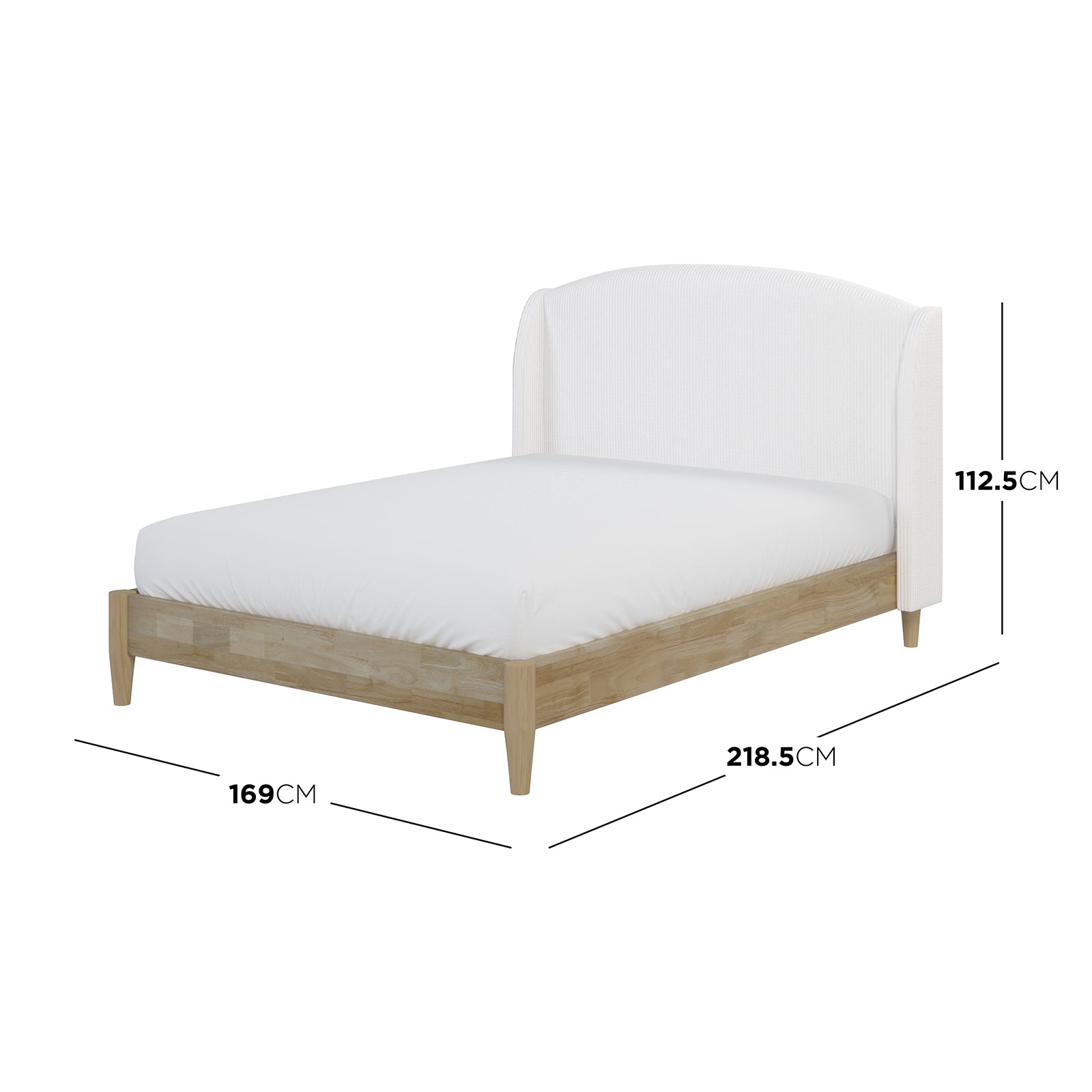 Aetiusa Winged Fabric Hardwood Bed Frame - Snow White Queen featuring a soft, padded winged headboard and wooden base, showcasing sturdy construction and modern design for a stylish bedroom centerpiece.