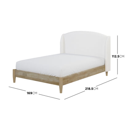 Aetiusa Winged Fabric Hardwood Bed Frame - Snow White Queen featuring a soft, padded winged headboard and wooden base, showcasing sturdy construction and modern design for a stylish bedroom centerpiece.