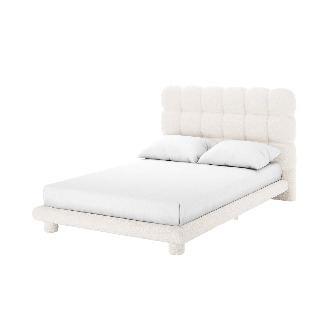 Aina Double Boucle Bed Frame in Cream White features a low-profile, upholstered design with a chunky, grid-style padded headboard, matching frame, and short cylindrical legs, showcasing elegance and comfort.