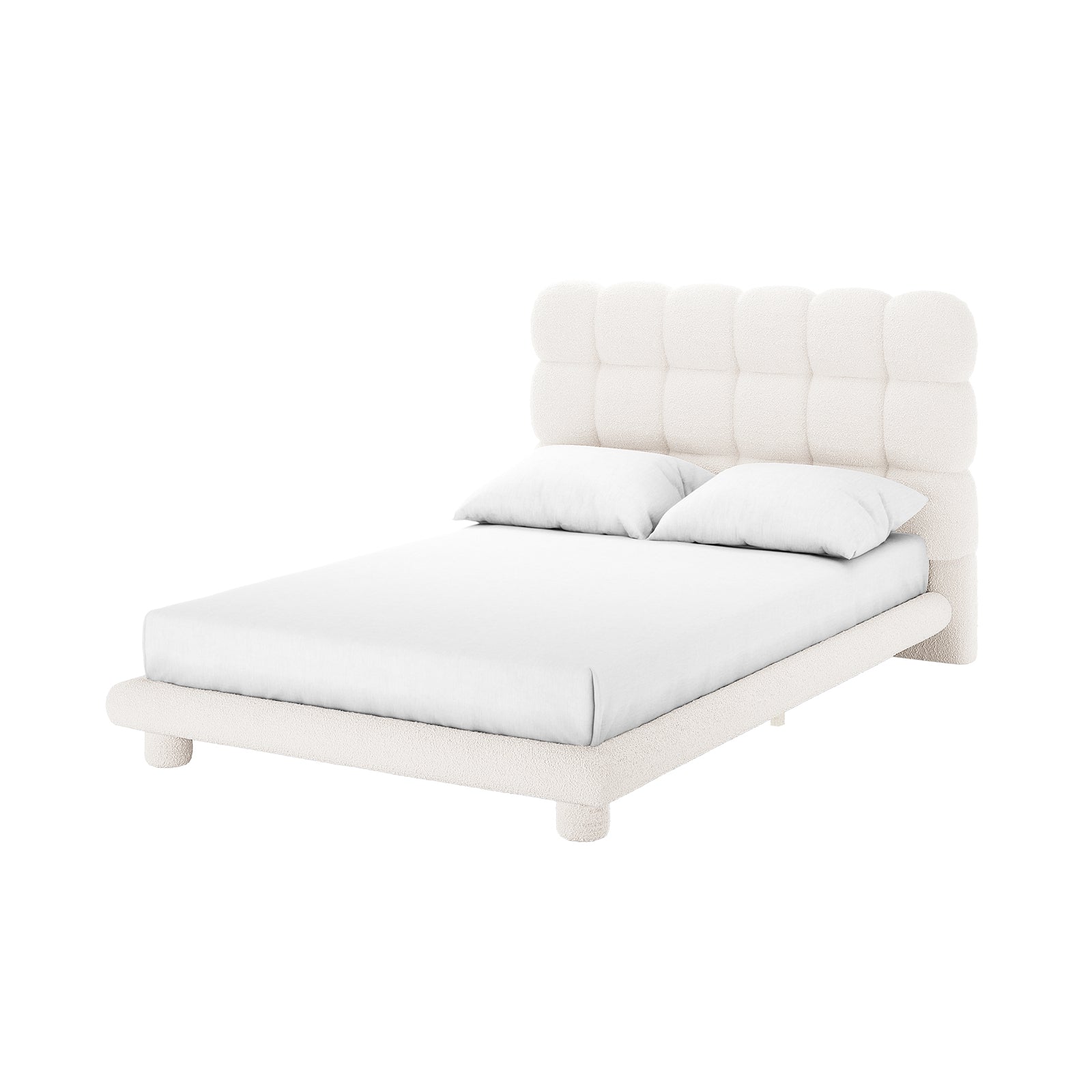 Aina Double Boucle Bed Frame in Cream White features a low-profile, upholstered design with a chunky, grid-style padded headboard, matching frame, and short cylindrical legs, showcasing elegance and comfort.