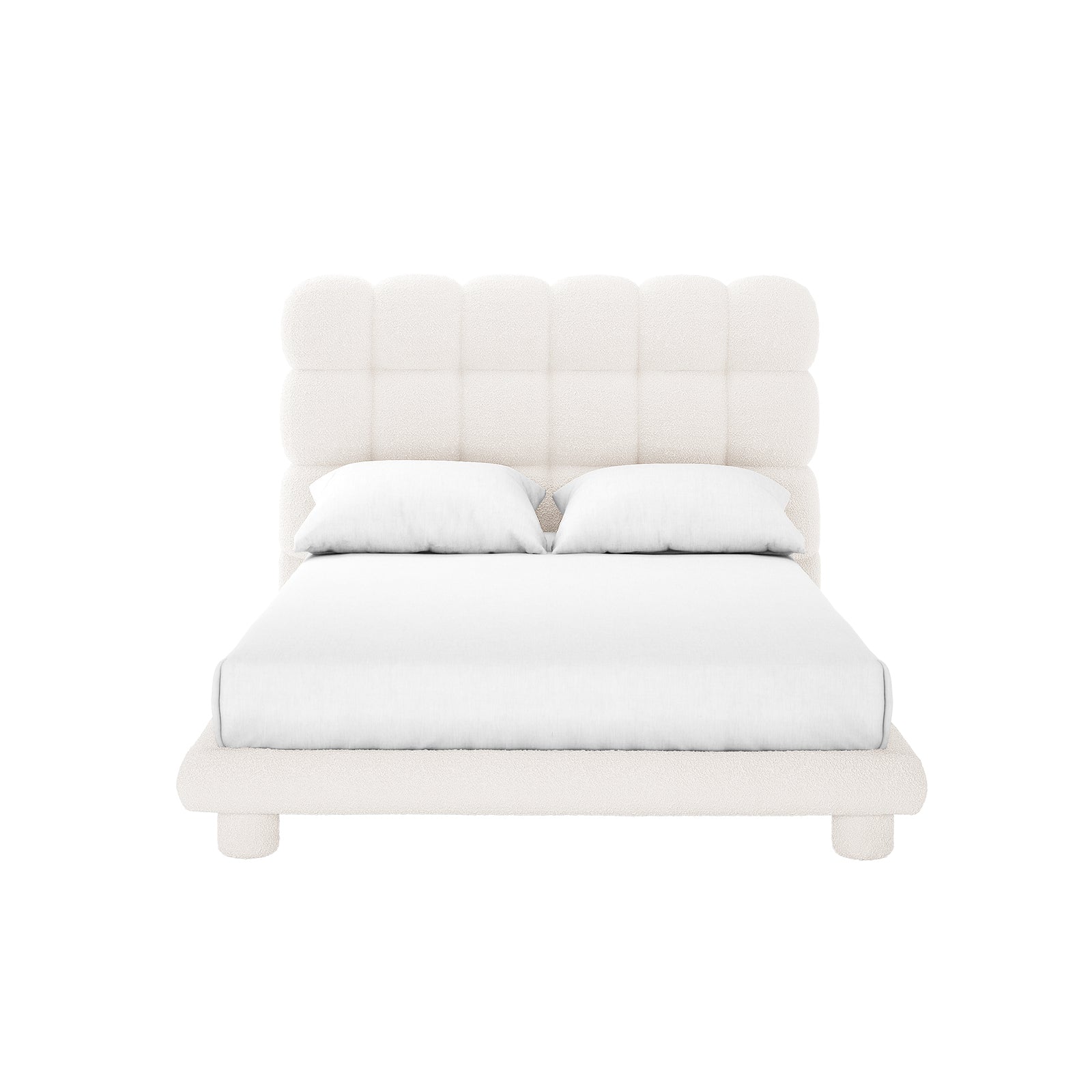 Aina Double Boucle Bed Frame in Cream White features a modern, upholstered design with a low-profile frame, rounded feet, and a tall, grid-style tufted headboard, complemented by white bedding and pillows.