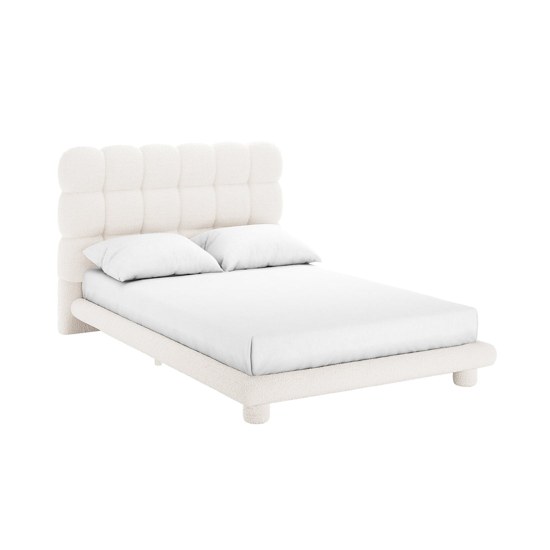 Aina Double Boucle Bed Frame in Cream White showcases a chunky, grid-tufted headboard with square pillows, upholstered in soft bouclé fabric. It features a simple frame on short rounded legs.