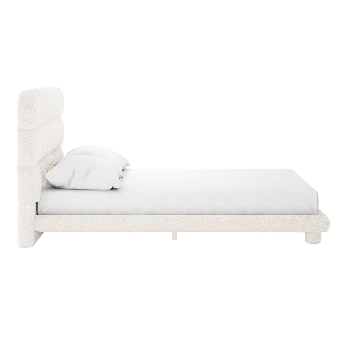 Aina Double Boucle Bed Frame in Cream White features a modern low-profile design with a tall tufted headboard, off-white bouclé upholstery, and simple rectangular frame, showcasing elegance and comfort.