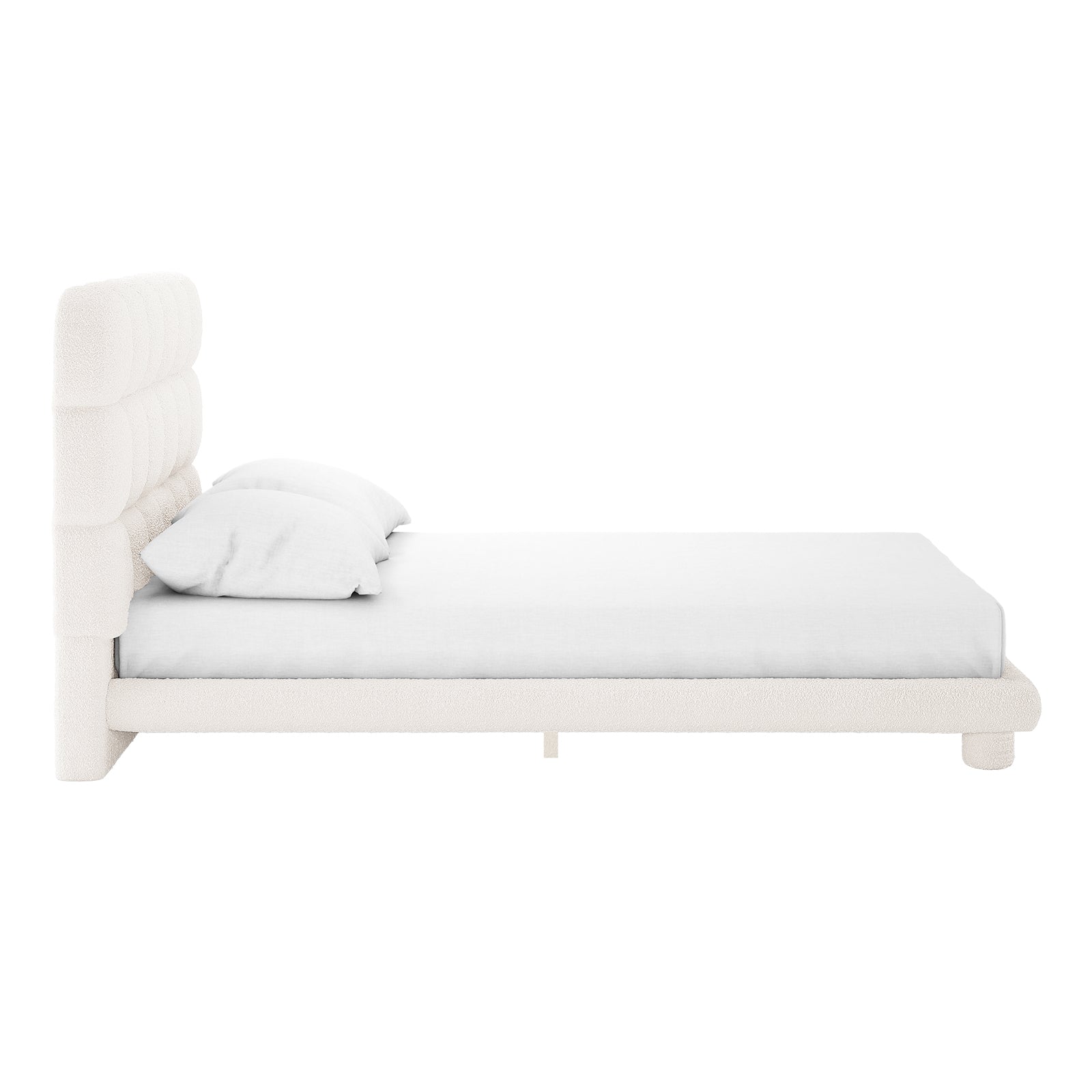 Aina Double Boucle Bed Frame in Cream White features a modern low-profile design with a tall tufted headboard, off-white bouclé upholstery, and simple rectangular frame, showcasing elegance and comfort.