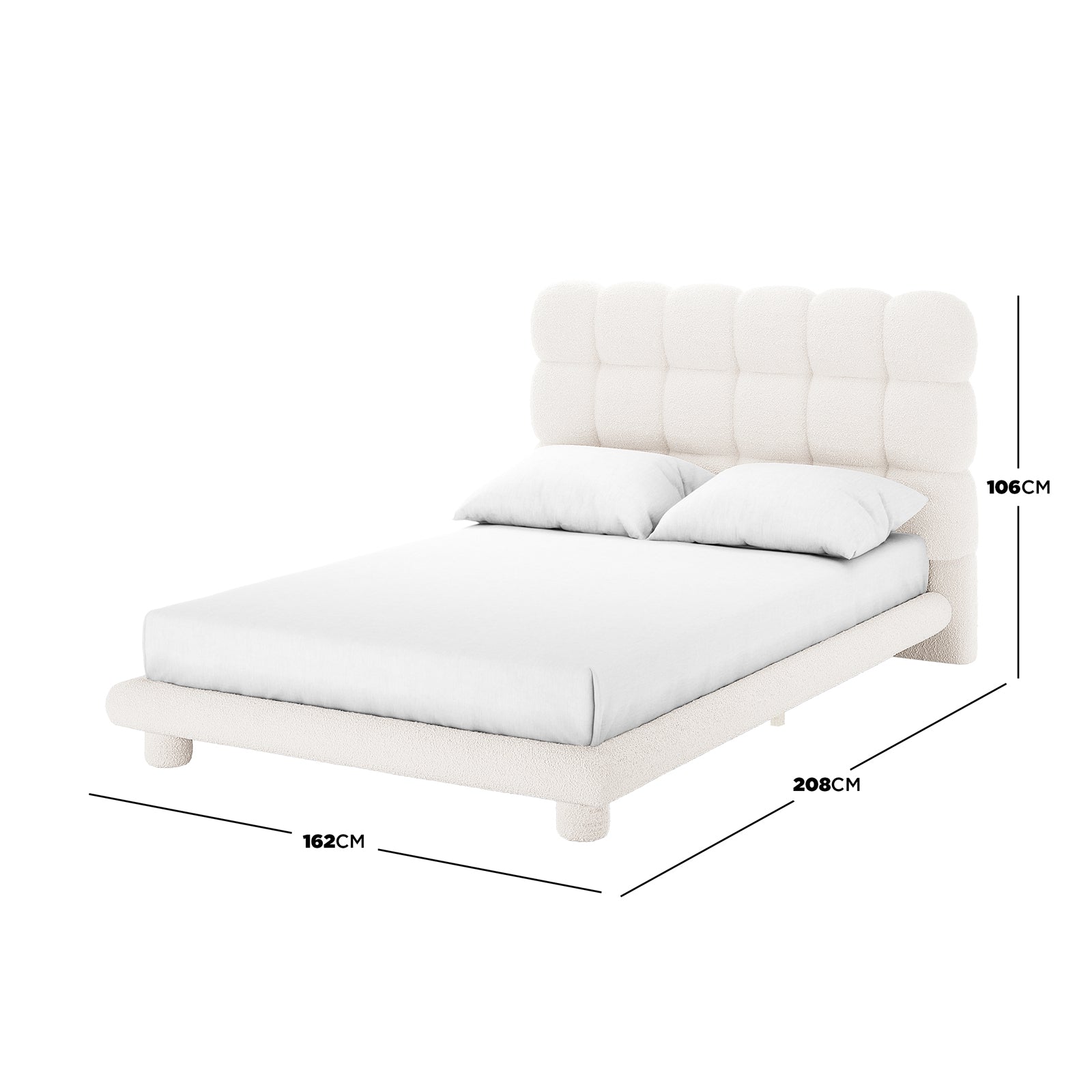 Aina Double Boucle Bed Frame in Cream White, featuring a cushioned, grid-tufted headboard, off-white bouclé upholstery, short cylindrical legs, and dimension lines showing width 162 cm, length 208 cm, height 106 cm.