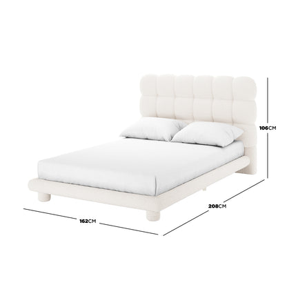 Aina Double Boucle Bed Frame in Cream White, featuring a cushioned, grid-tufted headboard, off-white bouclé upholstery, short cylindrical legs, and dimension lines showing width 162 cm, length 208 cm, height 106 cm.