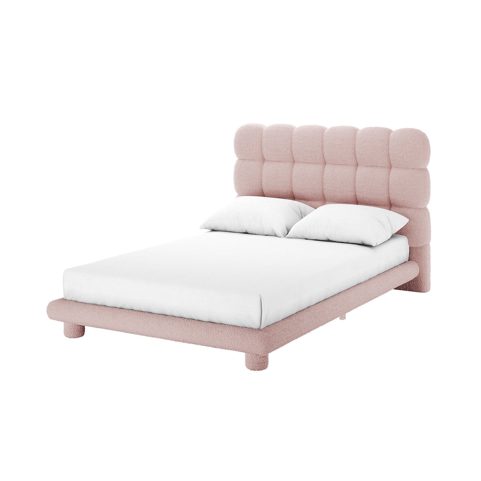 Aina Double Bouclé Bed Frame in Pink features a plush, grid-tufted headboard and matching frame, upholstered in soft pink bouclé fabric, with a white mattress and pillows on short, rounded feet.