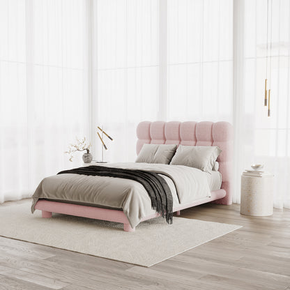 Aina Double Bouclé Bed Frame in Pink, featuring a plush tufted headboard in soft boucle fabric, styled with light gray bedding, situated in a bright, minimalist bedroom with elegant decor elements.