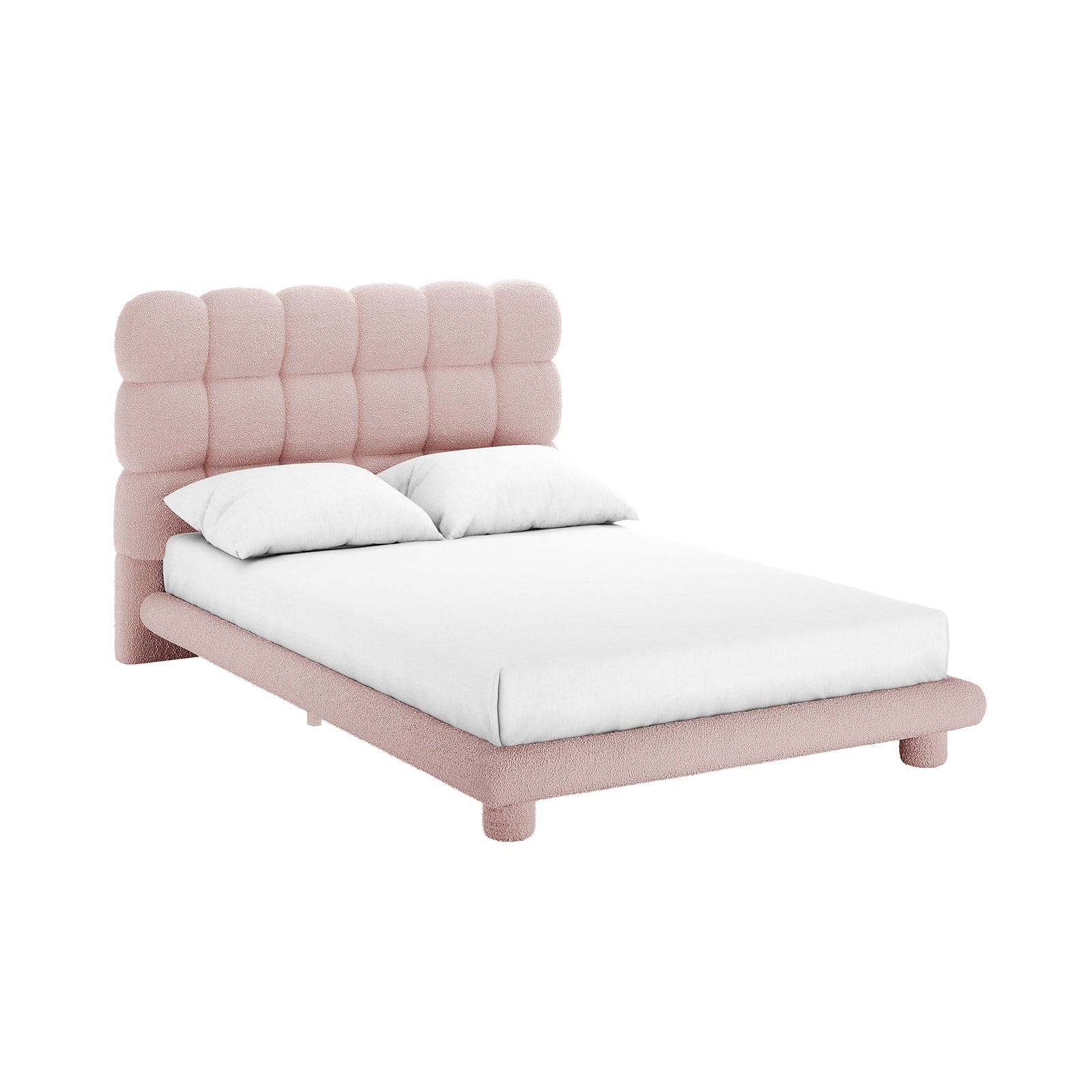 Aina Double Boucle Bed Frame in Pink features a plush, tufted headboard upholstered in soft blush-pink boucle, complemented by a low-profile frame on short cylindrical legs with crisp white linens.