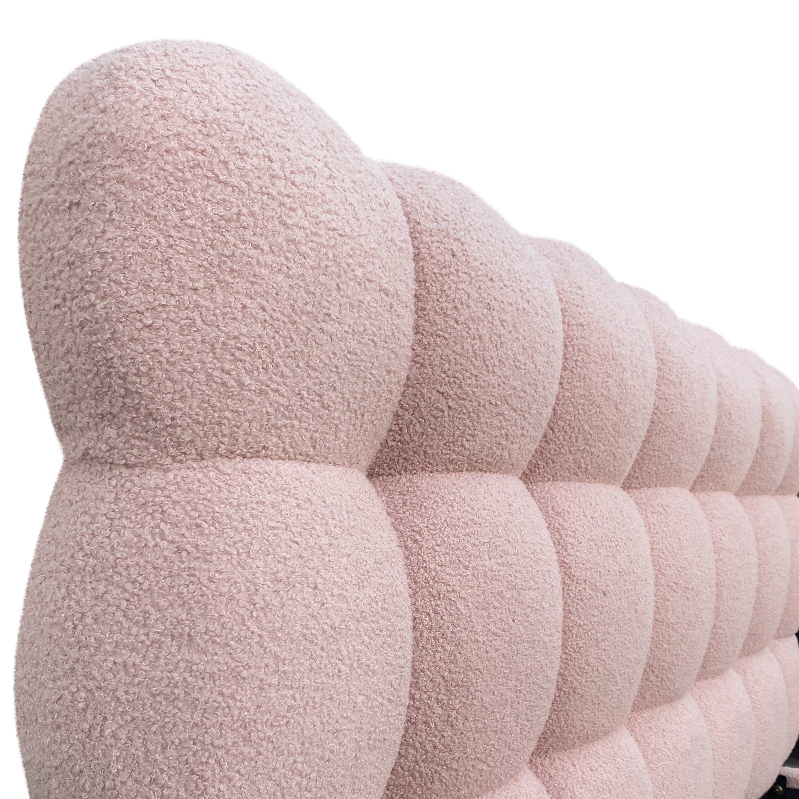 Aina Double Bouclé Bed Frame in Pink features a plush, cloud-like tufted headboard with rounded, bubble-like segments, showcasing luxurious, tufted pink bouclé fabric for modern bedroom elegance.