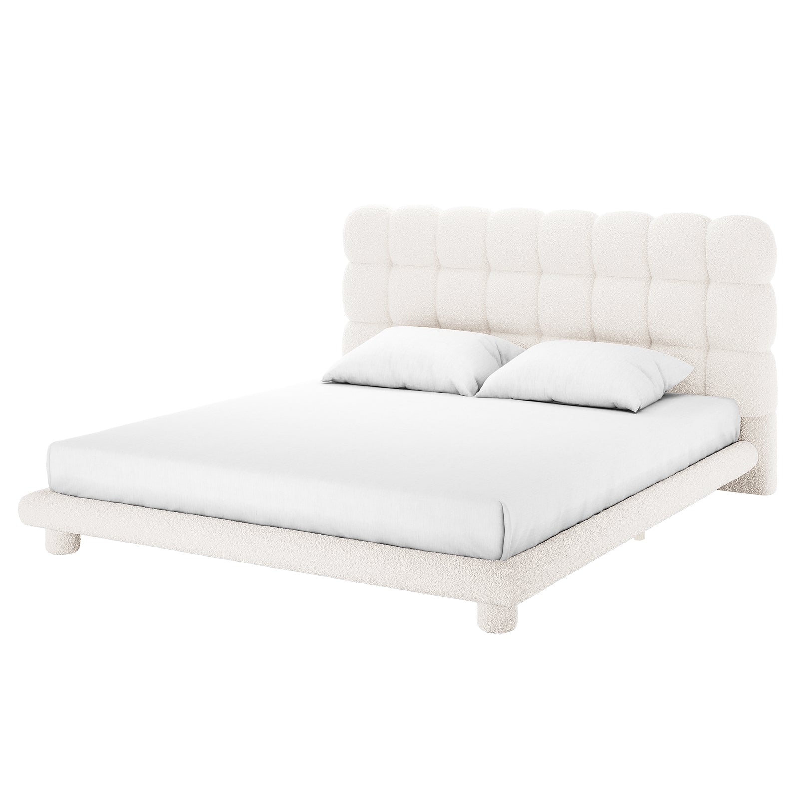Aina King Boucle Bed Frame in Cream White featuring a wide, padded, grid-tufted headboard in creamy boucle fabric, resting on short cylindrical legs, paired with a simple white mattress and pillows.