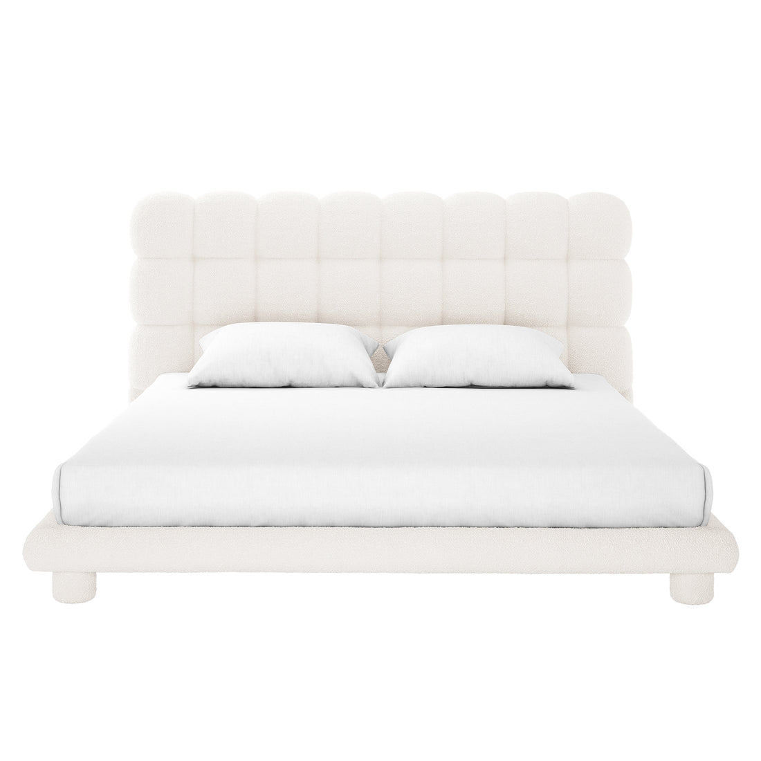 Aina King Boucle Bed Frame in Cream White, featuring a tall grid-tufted headboard and upholstered in off-white bouclé fabric, with a fitted white sheet and pillows against a plain backdrop.
