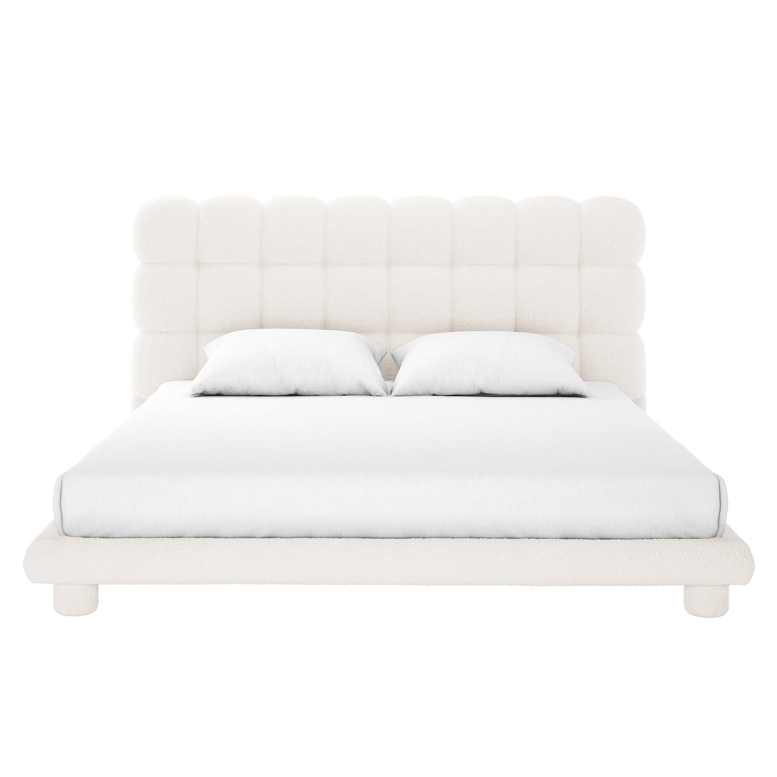 Aina King Boucle Bed Frame in Cream White, featuring a tall grid-tufted headboard and upholstered in off-white bouclé fabric, with a fitted white sheet and pillows against a plain backdrop.