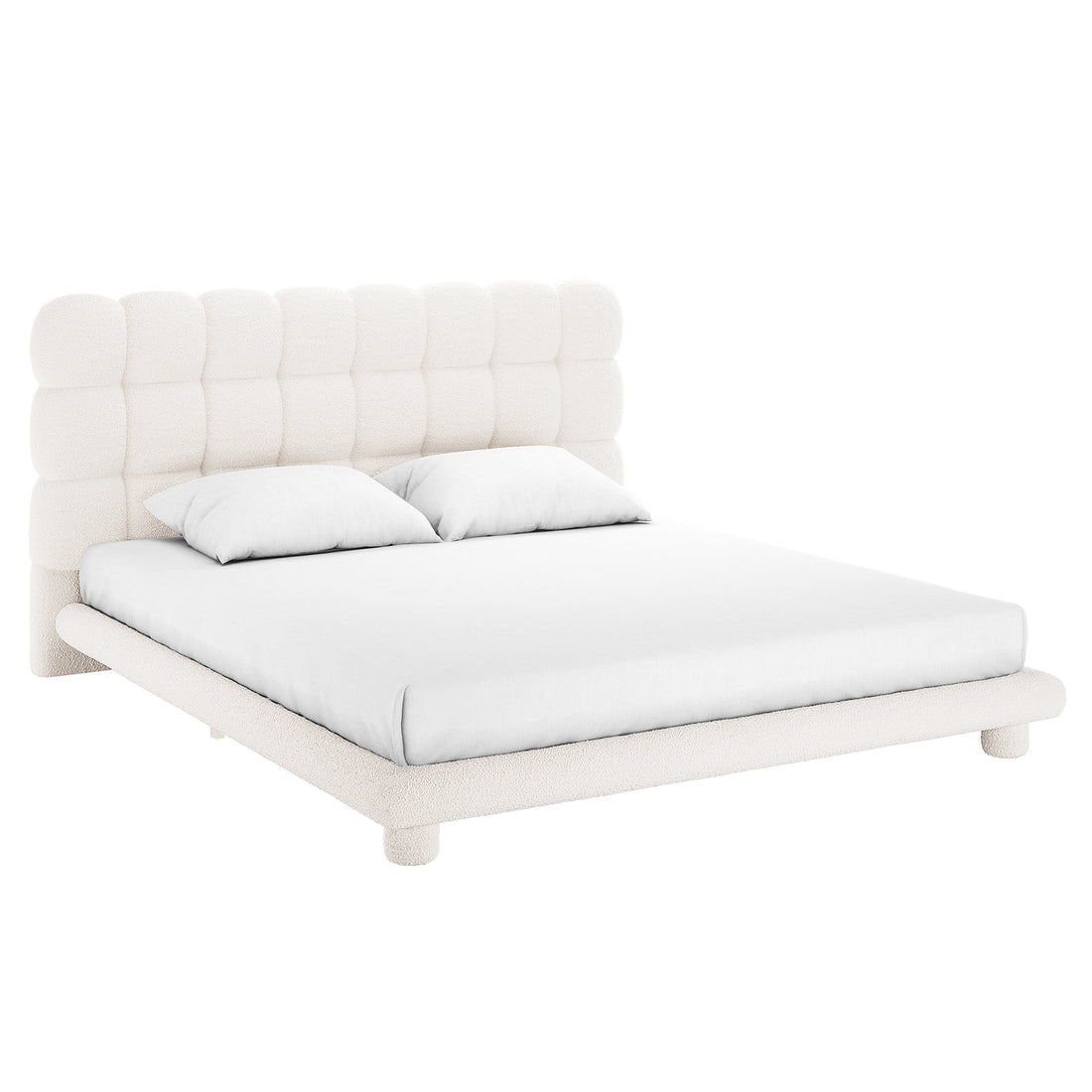 Aina King Boucle Bed Frame in Cream White features a low platform design with a tufted, padded headboard, upholstered in soft bouclé fabric, supported by short cylindrical legs for a modern, elegant look.
