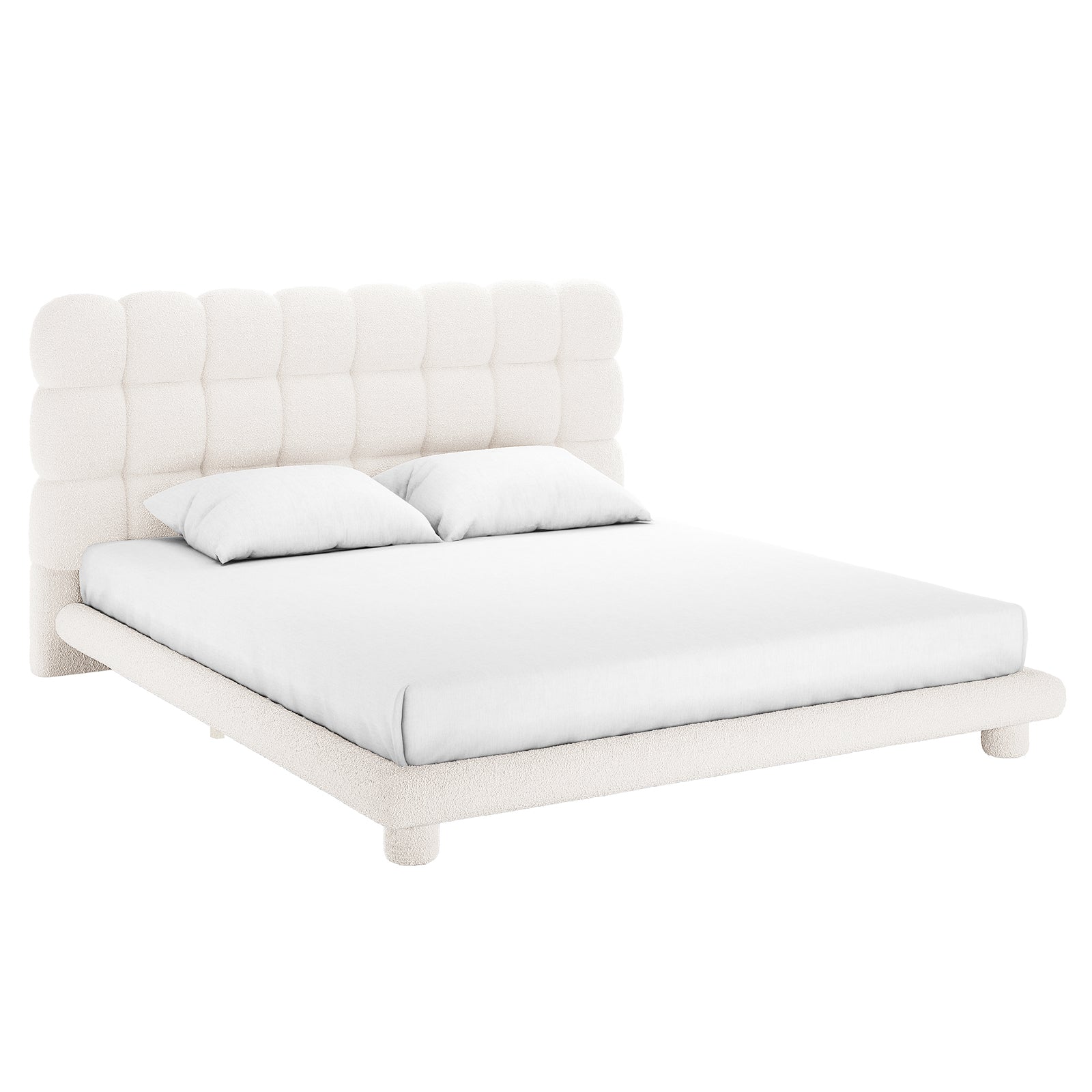Aina King Boucle Bed Frame in Cream White features a low platform design with a tufted, padded headboard, upholstered in soft bouclé fabric, supported by short cylindrical legs for a modern, elegant look.