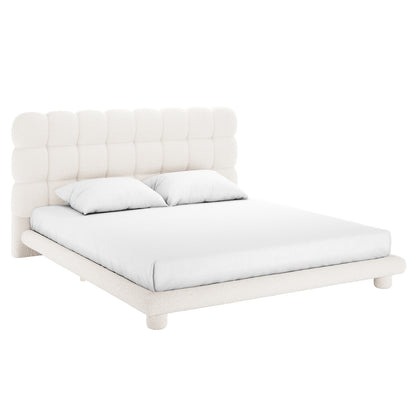 Aina King Boucle Bed Frame in Cream White features a low platform design with a tufted, padded headboard, upholstered in soft bouclé fabric, supported by short cylindrical legs for a modern, elegant look.