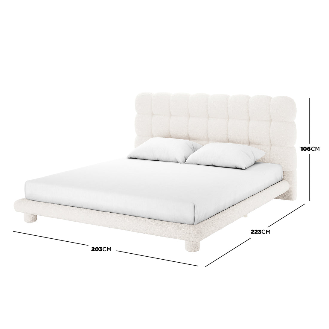 Aina King Boucle Bed Frame in Cream White, featuring a tall tufted headboard, off-white bouclé fabric, chunky cylindrical legs, and an expansive platform design, offering elegance and comfort.