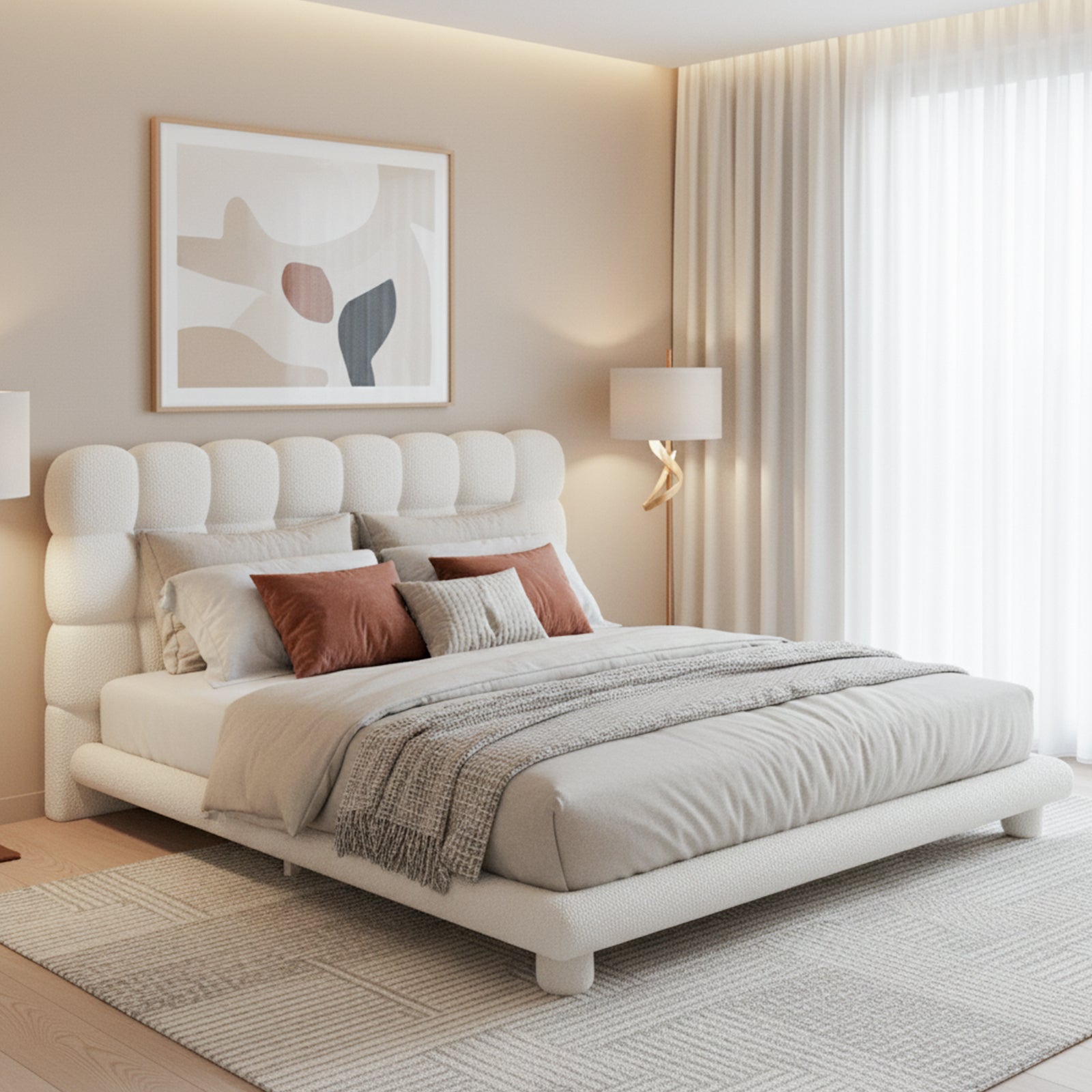 Aina King Boucle Bed Frame in Cream White with a tufted bubble headboard, styled in a serene bedroom with gray bedding, terracotta pillows, and a sculptural floor lamp by sheer curtained windows.