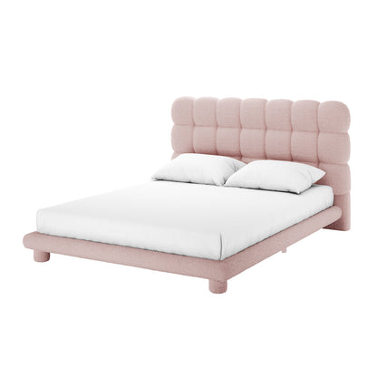 Aina Queen Bouclé Bed Frame in Pink showcases a modern platform design with a plush, tufted headboard in blush pink bouclé fabric, complemented by a minimalist rounded frame and short cylindrical legs.