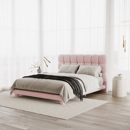 Aina Queen Bouclé Bed Frame in Pink features a tufted headboard, upholstered in soft bouclé fabric, set in a modern bedroom with neutral linens and minimalist decor.