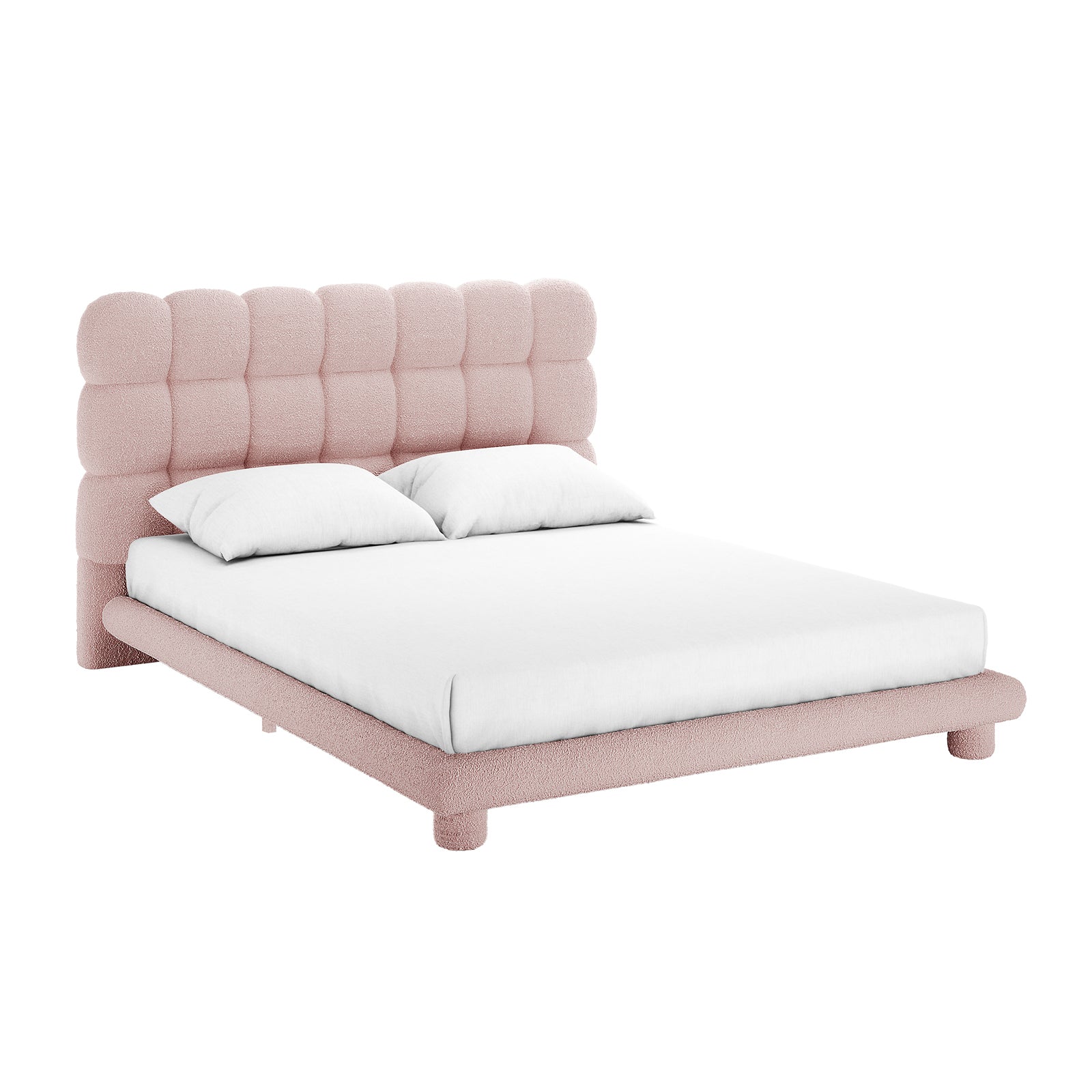 Aina Queen Boucle Bed Frame in Pink features a modern, low-profile design with a grid-quilted, tufted headboard upholstered in soft pink boucle fabric, complemented by a white sheet and pillows.