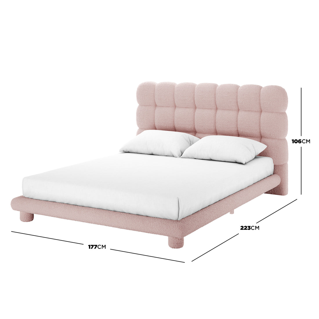 Aina Queen Boucle Bed Frame in Pink: Low-profile platform bed with a rose-pink boucle fabric, grid-tufted tall headboard, white mattress, two pillows, and short bun feet, measuring 177x223x106 cm.