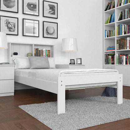 Luxo Alba Solid Pine Timber Bed Frame in White, featuring a sleek design with a built-in headboard shelf, surrounded by matching nightstands and wall art, enhancing a modern bedroom setting.