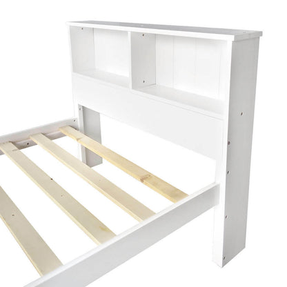 Luxo Alba Solid Pine Timber Bed Frame in White, featuring a white headboard with two open cubby-style shelves and the end of the slatted platform where the mattress would rest.