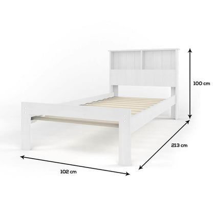 Luxo Alba Solid Pine Timber Bed Frame in White, featuring a slatted base, solid paneled footboard, taller paneled headboard, and dimensions of 102 cm wide and 213 cm long.