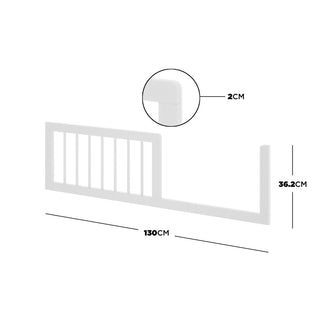 Dimensional diagram of Aldwin & Melai Solid Pine Baby Cot with Convertible Rail Set White, showing a slatted guard rail measuring 130 cm in length, 36.2 cm in height, and 2 cm in thickness.