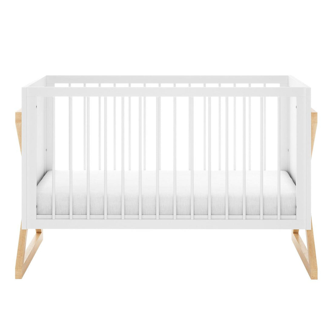 Aldwin & Melai Solid Pine Baby Cot with Convertible Rail Set White, featuring a sleek white slatted frame, thin mattress, and light-natural wood legs, designed for versatile use from bassinet to toddler bed.