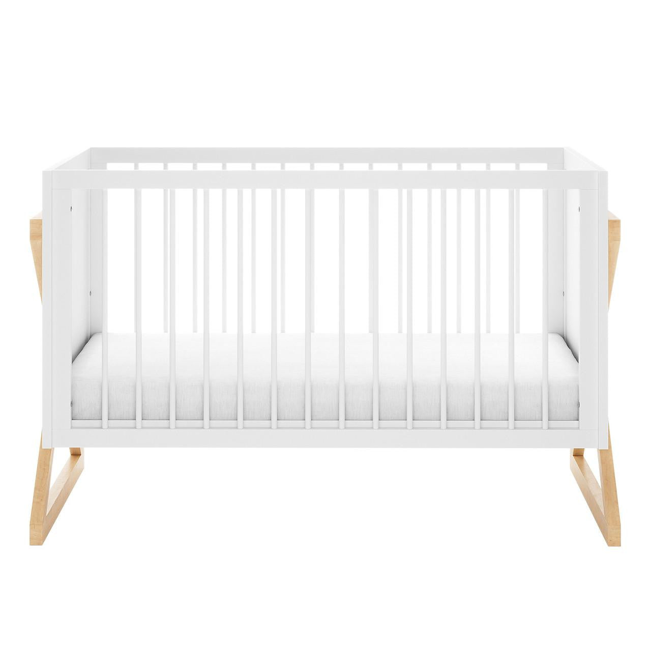 Aldwin & Melai Solid Pine Baby Cot with Convertible Rail Set White, featuring a sleek white slatted frame, thin mattress, and light-natural wood legs, designed for versatile use from bassinet to toddler bed.
