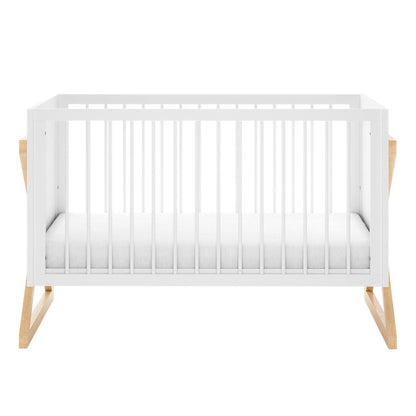 Aldwin & Melai Solid Pine Baby Cot with Convertible Rail Set White, featuring a sleek white slatted frame, thin mattress, and light-natural wood legs, designed for versatile use from bassinet to toddler bed.