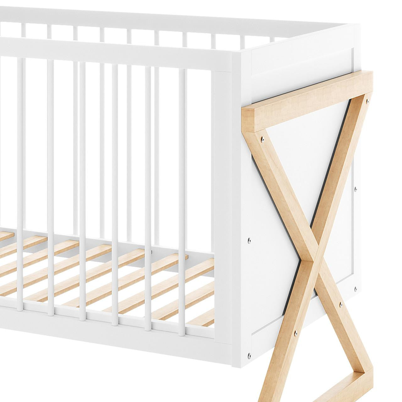 Aldwin & Melai Solid Pine Baby Cot with Convertible Rail Set White features a sleek white frame, vertical slats, and light natural-wood X-shaped legs, showcasing its modern 3-in-1 versatility.